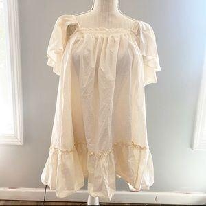 Free People Tunic Dress Loose Vintage Cream Delicate Medium Bow Square Neck